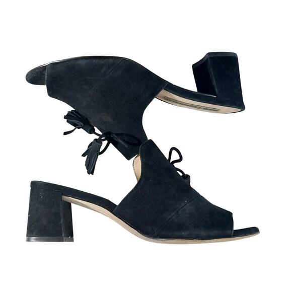KARL LAGERFELD! BLACK GENUINE SUEDE LEATHER BOW & TASSEL PEEP TOE MULES! SZ 8M - Picture 7 of 10